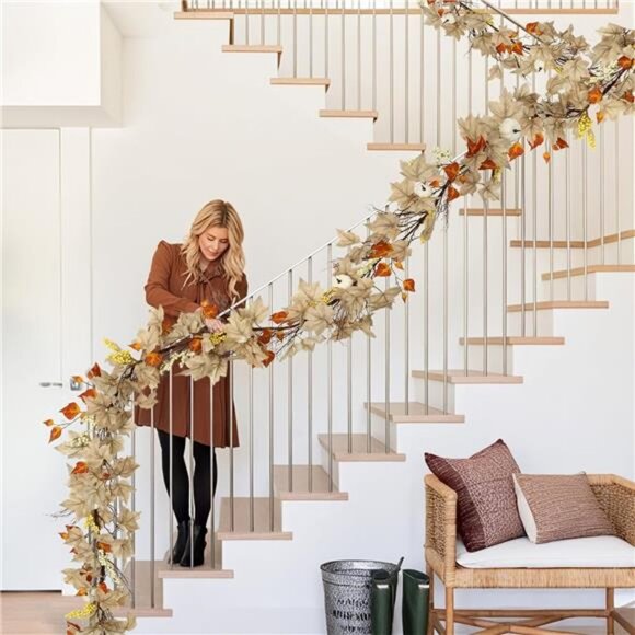 Fall Leaves Garland for Mantle, Autumn Leaf Garland with White Pumpkins - Picture 6 of 7